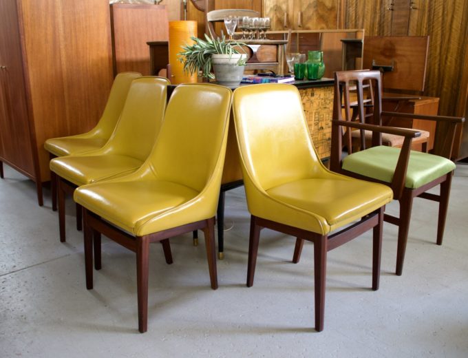 Mid Century Retro Set of 4 Teak Dining Chairs Mustard #0844 1