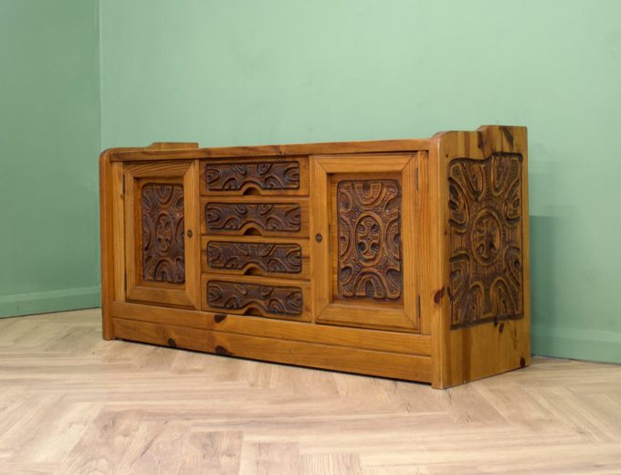 Mid Century 1970s Carved Pine Sideboard South African #0992 1