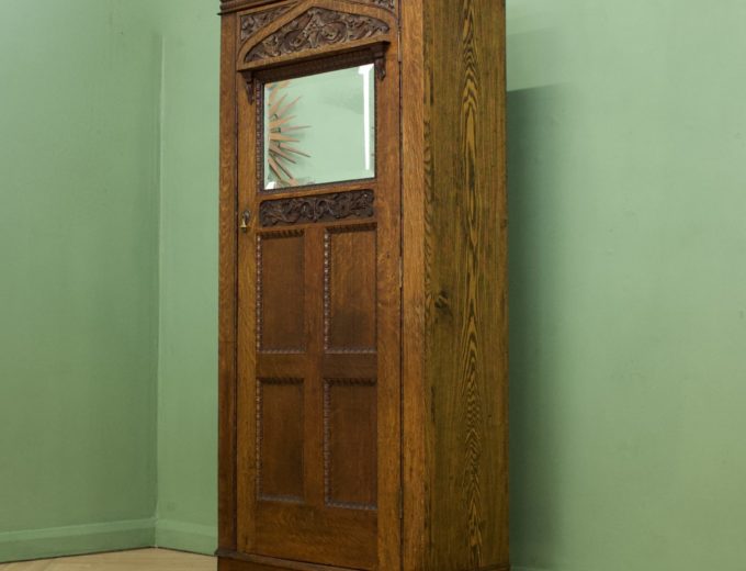Antique Vintage Art Nouveau Solid Oak Hall Robe Cupboard #1079 1
