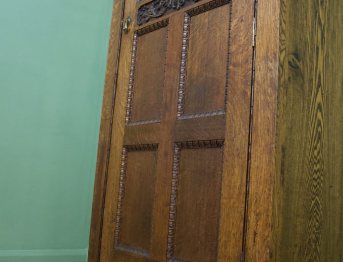 Antique Vintage Art Nouveau Solid Oak Hall Robe Cupboard #1079 2