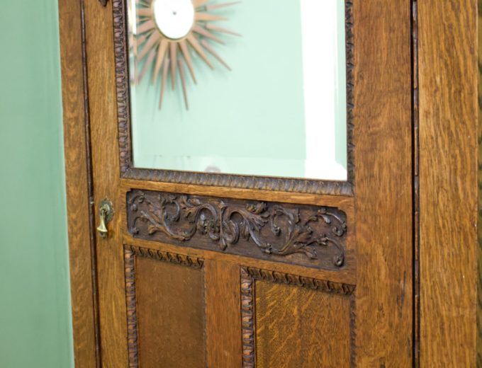 Antique Vintage Art Nouveau Solid Oak Hall Robe Cupboard #1079 3