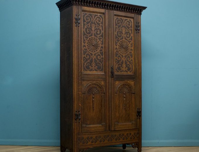 ***SOLD*** Antique Vintage Oak Art Deco Carved Hall Cupboard Wardrobe, 1920s #1631 0