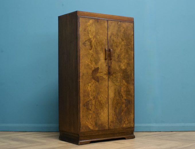 Vintage Art Deco Style Burr Walnut Compact Wardrobe, 1950s #1694 0