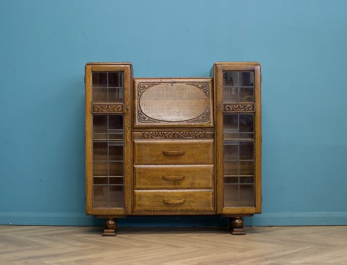 Vintage Oak Art Deco Glazed Bookcase Display Cabinet, 1930s #1702 9
