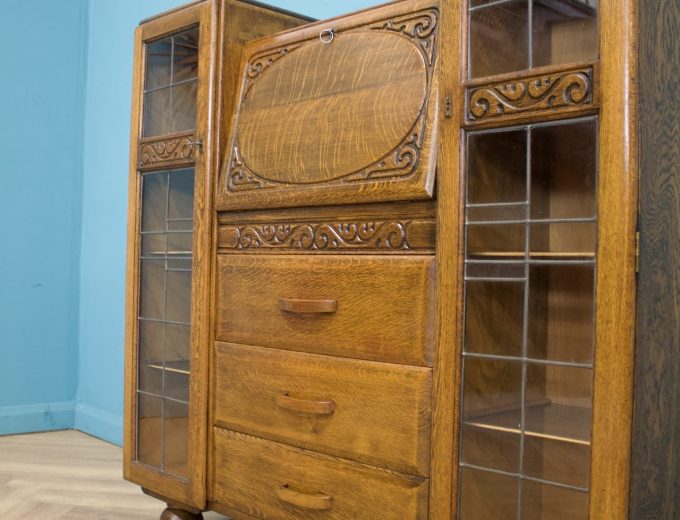 Vintage Oak Art Deco Glazed Bookcase Display Cabinet, 1930s #1702 7