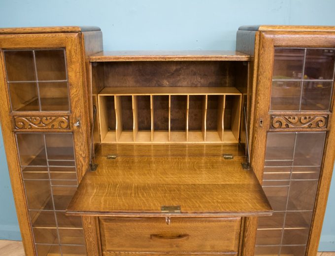 Vintage Oak Art Deco Glazed Bookcase Display Cabinet, 1930s #1702 5