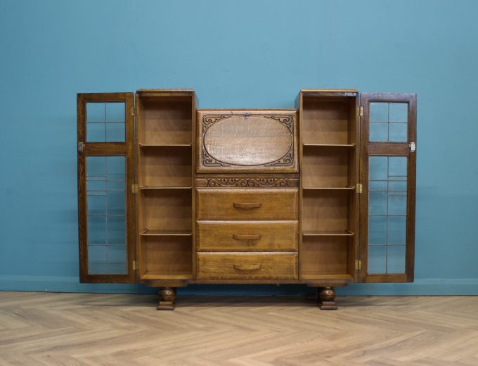 Vintage Oak Art Deco Glazed Bookcase Display Cabinet, 1930s #1702 3