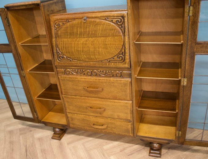 Vintage Oak Art Deco Glazed Bookcase Display Cabinet, 1930s #1702 2