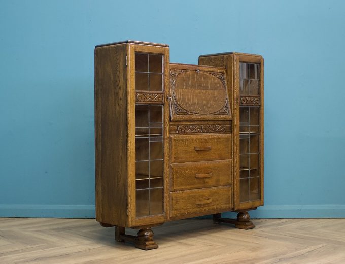 Vintage Oak Art Deco Glazed Bookcase Display Cabinet, 1930s #1702 0
