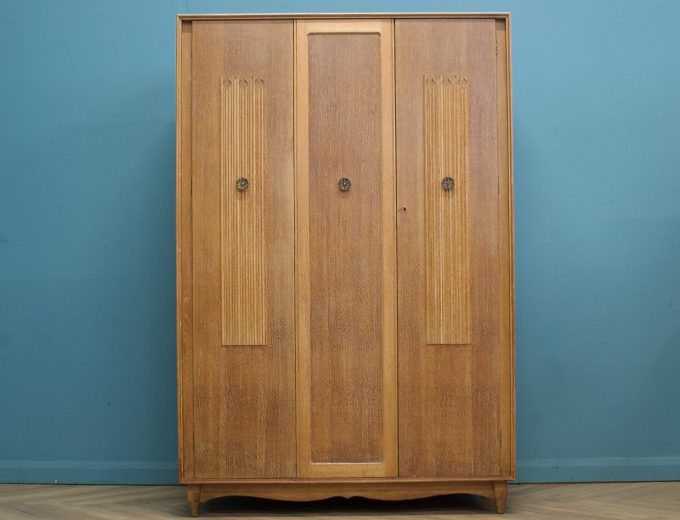 Vintage Art Deco Style Limed Oak Triple Door Wardrobe, 1950s, #1740 8