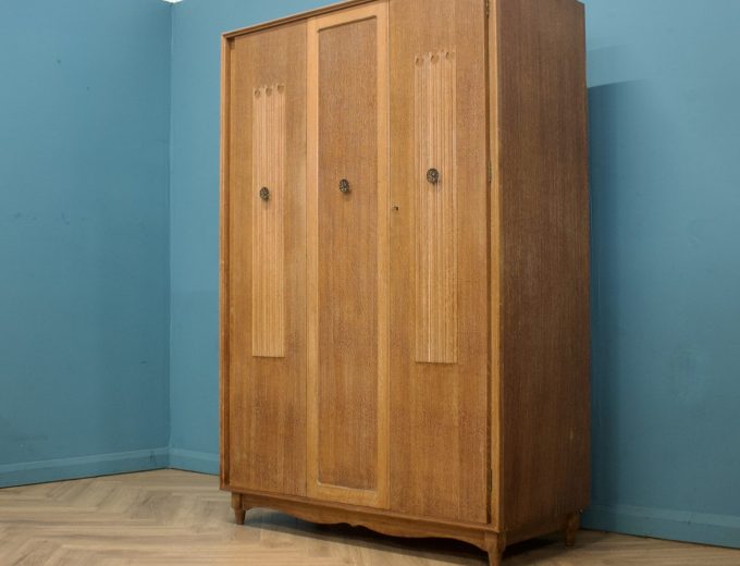 Vintage Art Deco Style Limed Oak Triple Door Wardrobe, 1950s, #1740 7