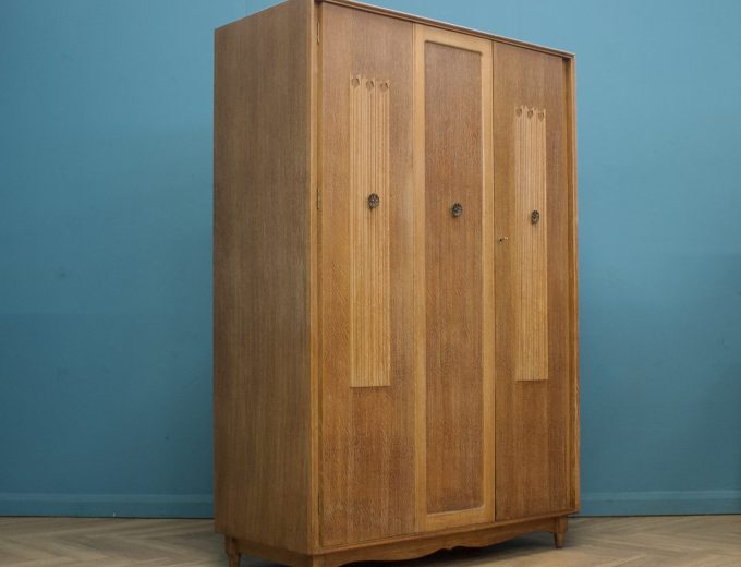 Vintage Art Deco Style Limed Oak Triple Door Wardrobe, 1950s, #1740 0