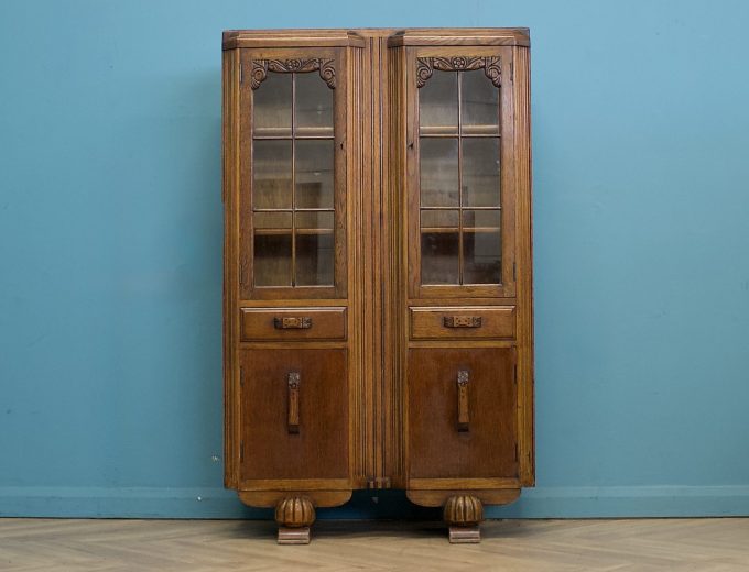 Vintage Oak Art Deco Glazed Bookcase Display Cabinet, 1930s #1779 9