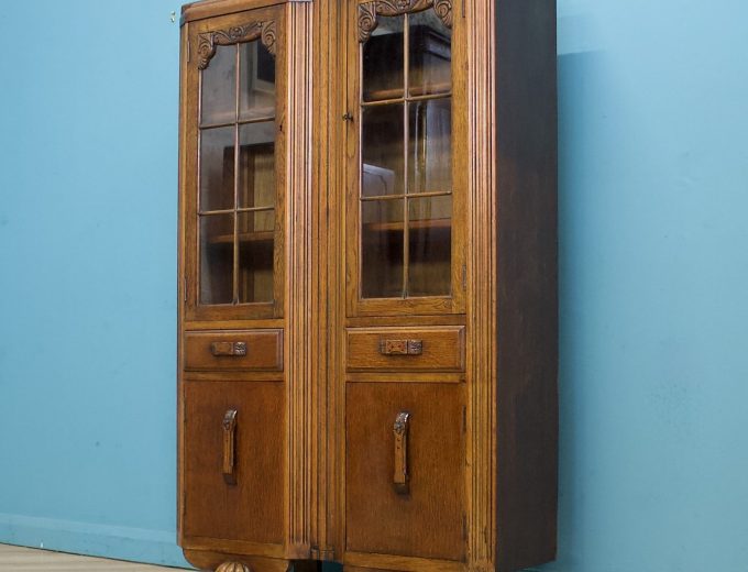 Vintage Oak Art Deco Glazed Bookcase Display Cabinet, 1930s #1779 8