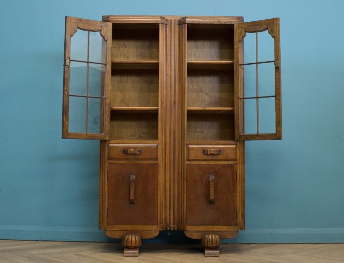 Vintage Oak Art Deco Glazed Bookcase Display Cabinet, 1930s #1779 5