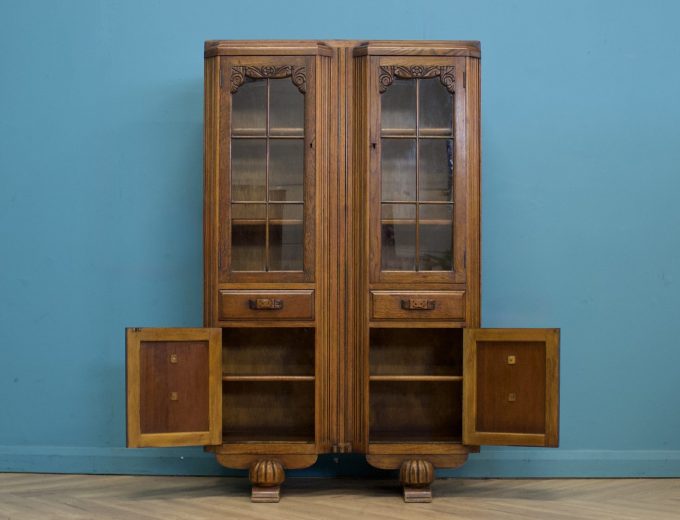 Vintage Oak Art Deco Glazed Bookcase Display Cabinet, 1930s #1779 2