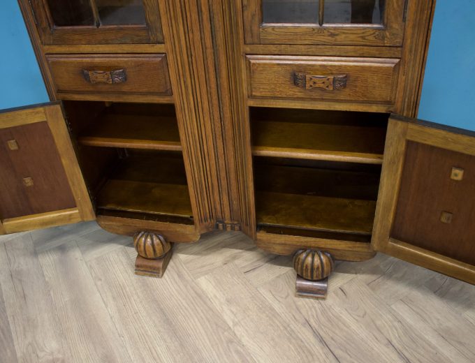 Vintage Oak Art Deco Glazed Bookcase Display Cabinet, 1930s #1779 1