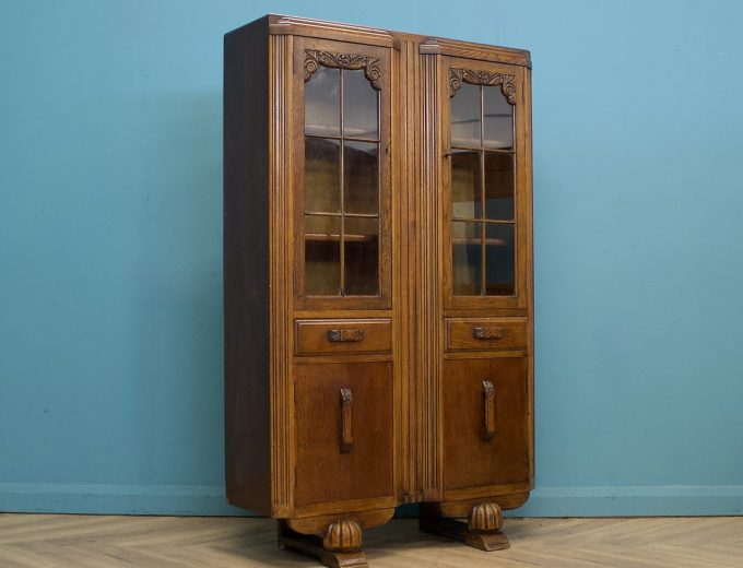 Vintage Oak Art Deco Glazed Bookcase Display Cabinet, 1930s #1779 0