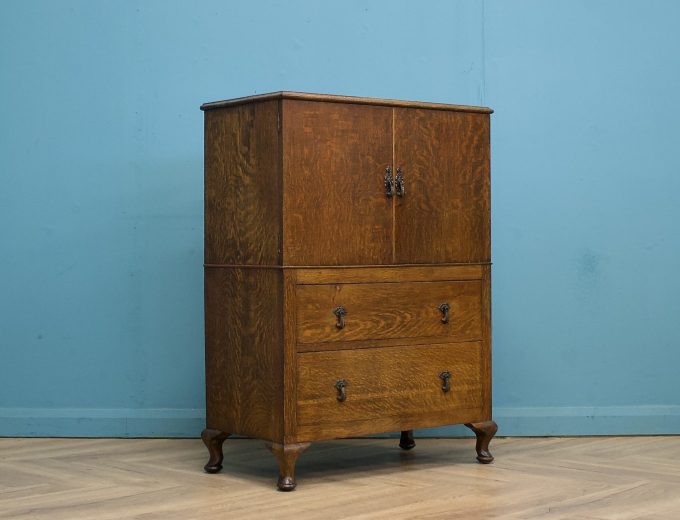 Art Deco Oak Tallboy Linen Cabinet Chest, 1930s #1803 0