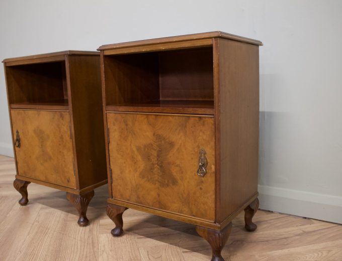 Vintage Art Deco Walnut Pair Bedside Tables Cabinets, 1930s #1845 5