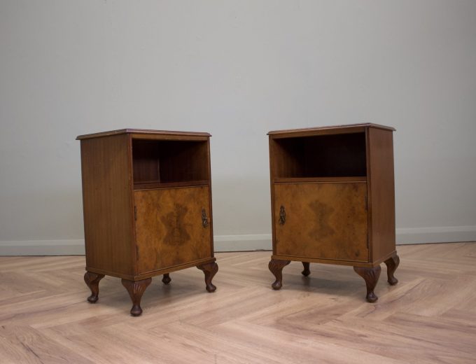 Vintage Art Deco Walnut Pair Bedside Tables Cabinets, 1930s #1845 0
