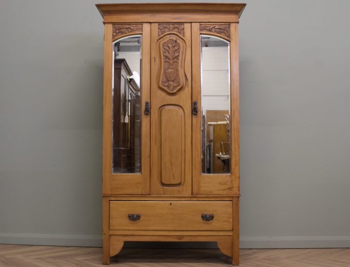 Antique Art Nouveau Satinwood Wardrobe Hall Cupboard, 1900s #2113 0